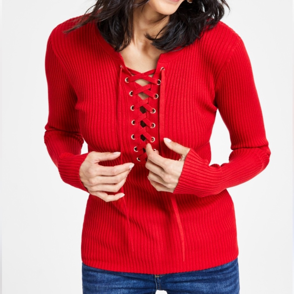 INC International Concepts Red Lace-Up Ribbed Sweater